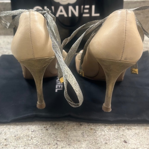 CHANEL Beige/Nude + Gold Lace Up Heels - Picture 4 of 7